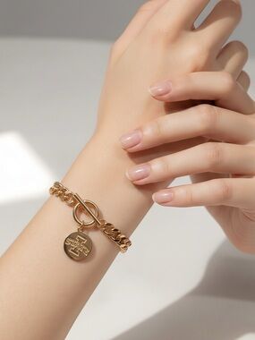 Gold Chain Toggle Bracelet with Round Charm - Women Jewelry